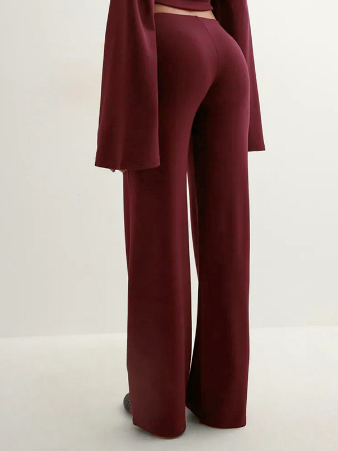 Women's New Fall Solid Fitted Round Neck Flare Sleeve Top & Elastic Waist Straight Leg Pants Loungewear