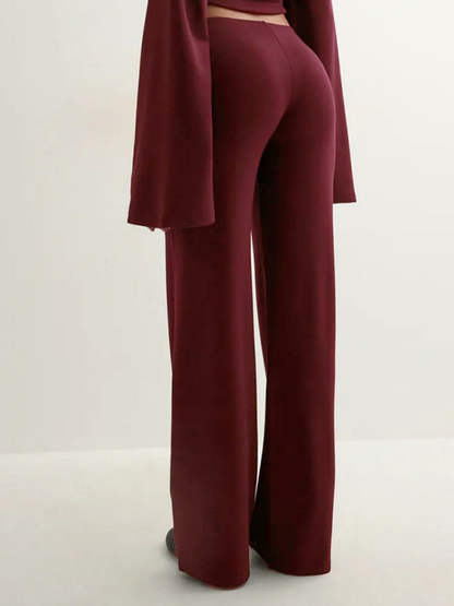 Women's New Fall Solid Fitted Round Neck Flare Sleeve Top & Elastic Waist Straight Leg Pants Loungewear