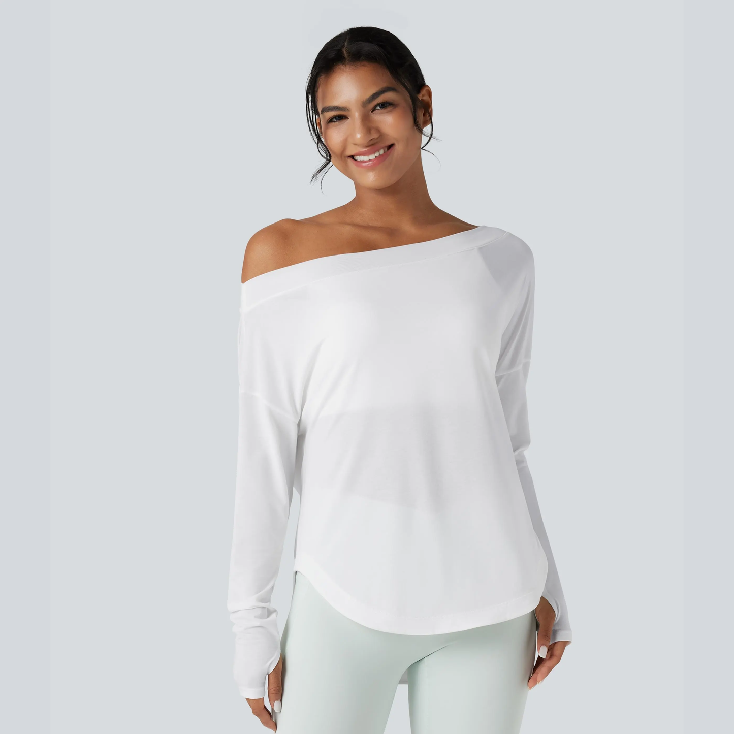 One Shoulder Long Sleeve Thumb Hole Quick Dry Yoga Top with Built-In Bra