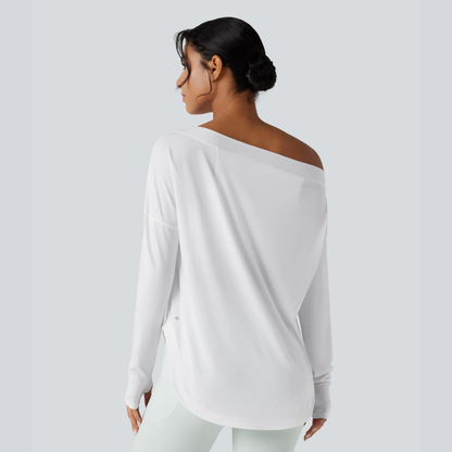 One Shoulder Long Sleeve Thumb Hole Quick Dry Yoga Top with Built-In Bra