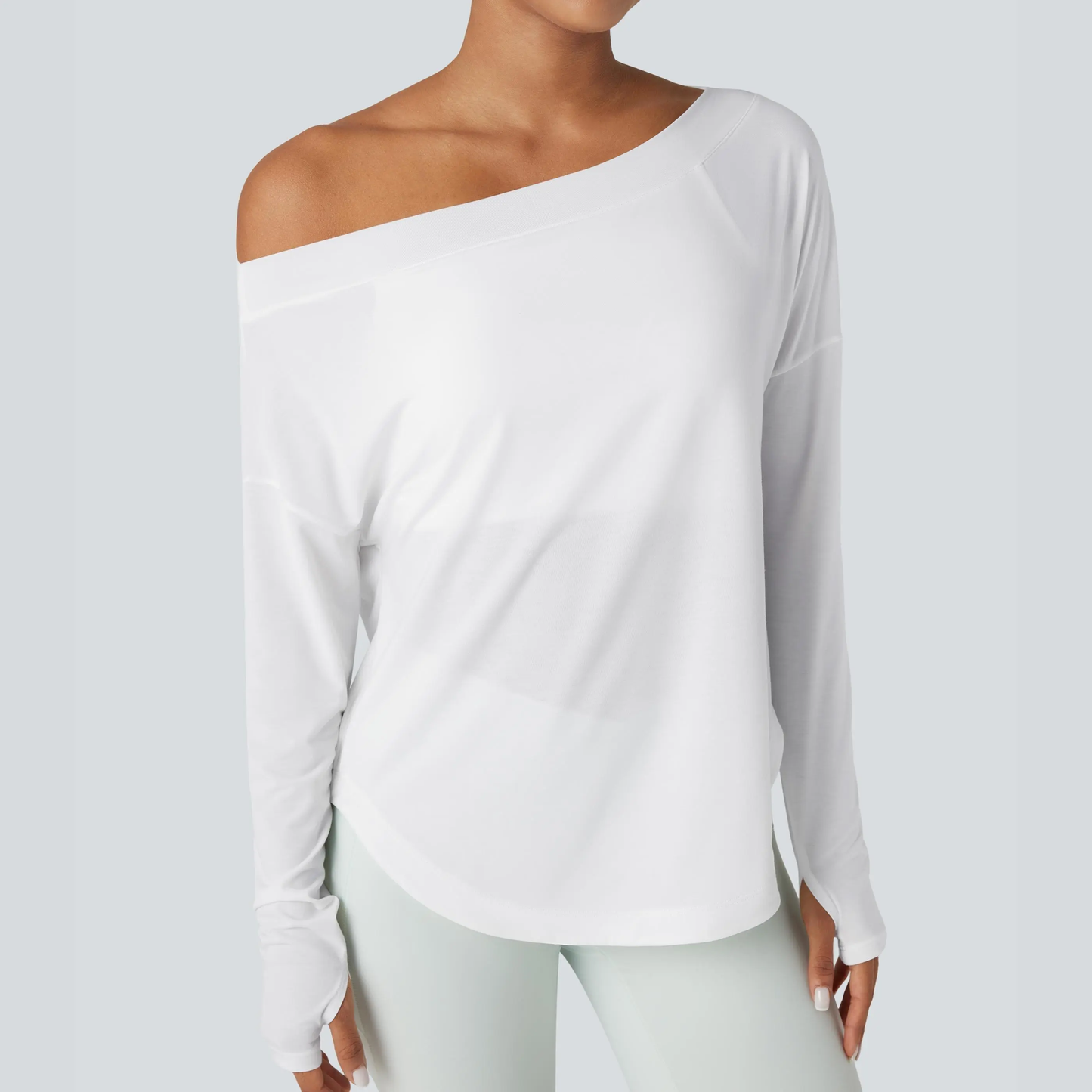 One Shoulder Long Sleeve Thumb Hole Quick Dry Yoga Top with Built-In Bra