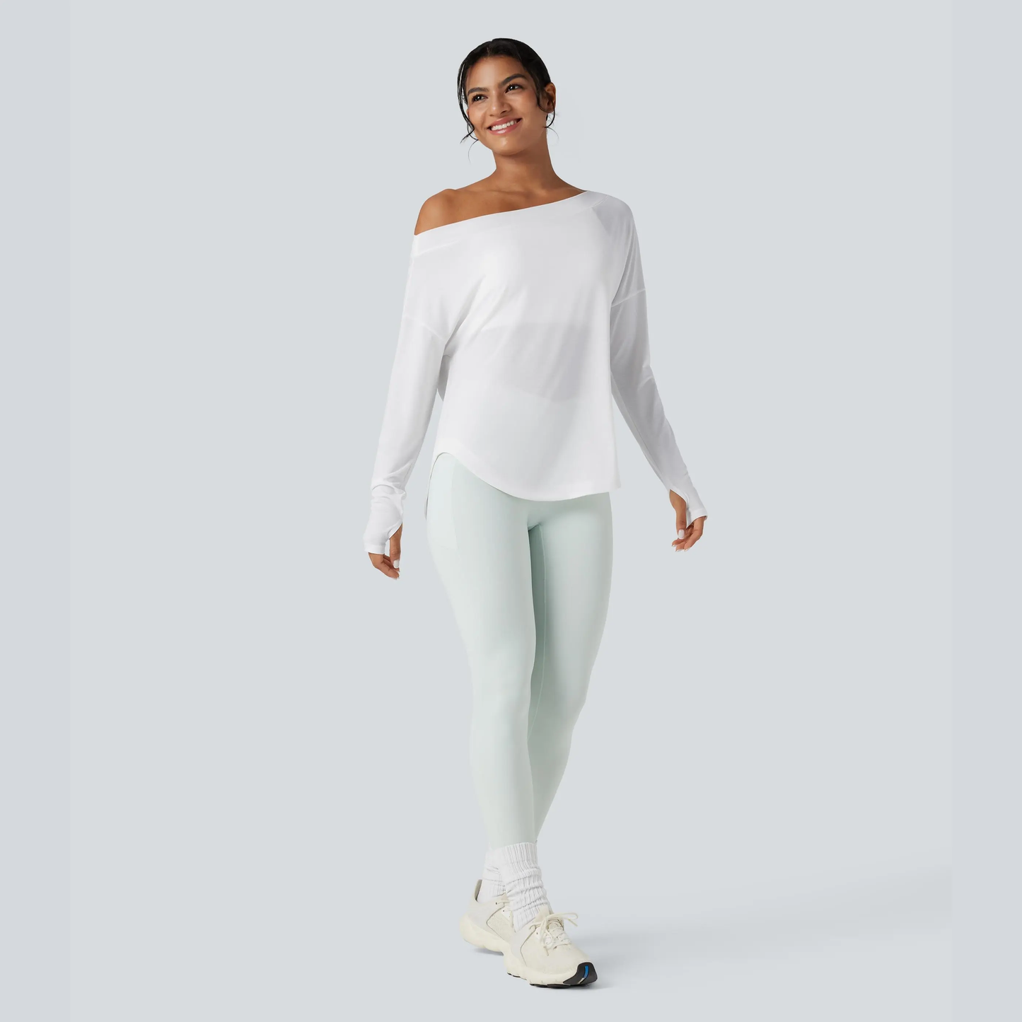 One Shoulder Long Sleeve Thumb Hole Quick Dry Yoga Top with Built-In Bra