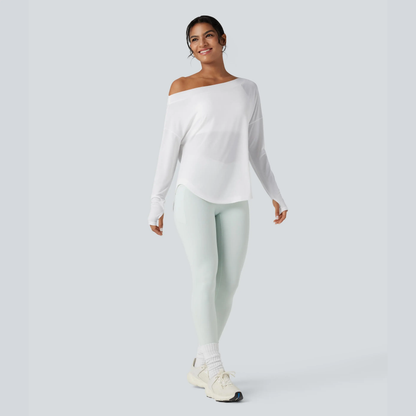 One Shoulder Long Sleeve Thumb Hole Quick Dry Yoga Top with Built-In Bra