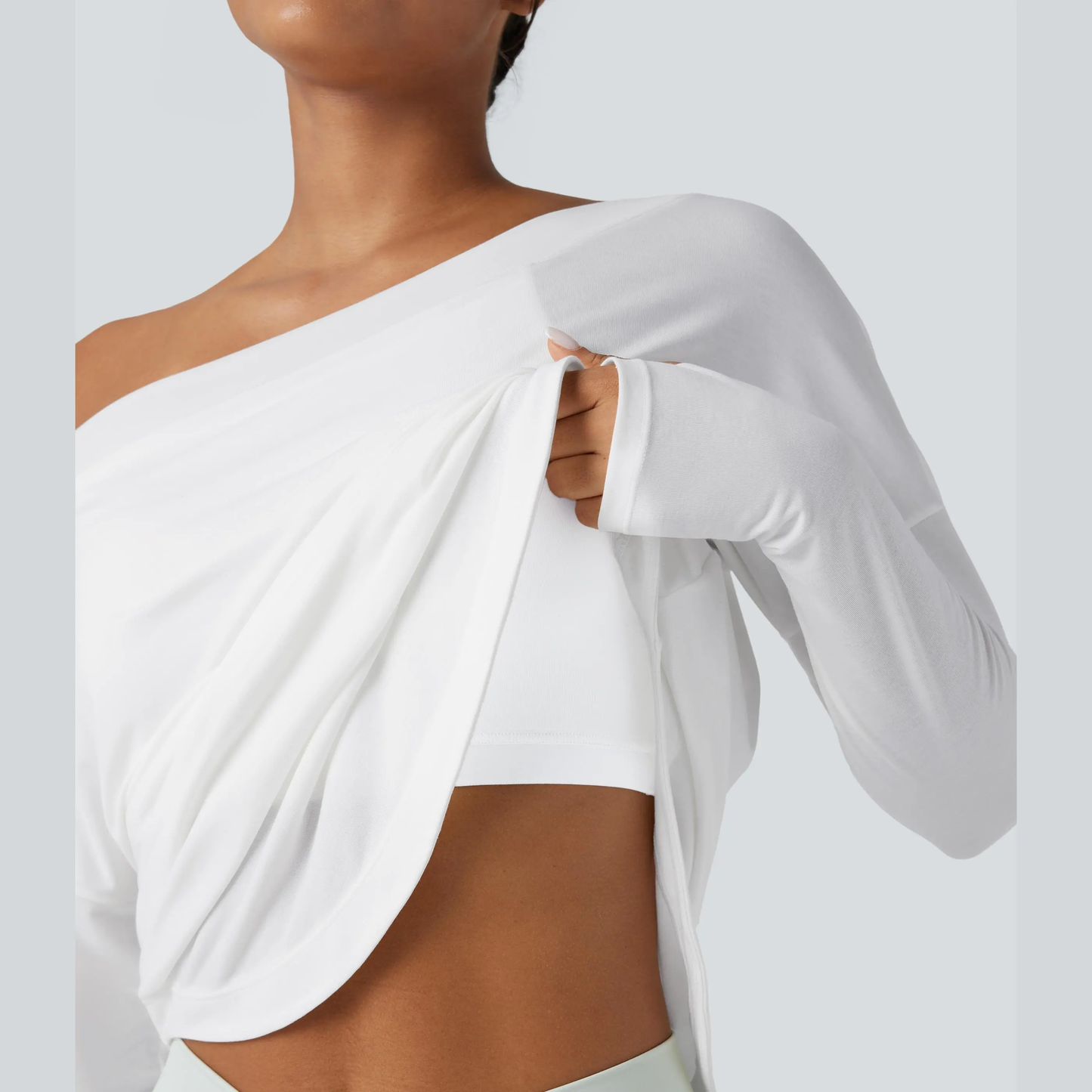 One Shoulder Long Sleeve Thumb Hole Quick Dry Yoga Top with Built-In Bra