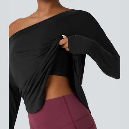 One Shoulder Long Sleeve Thumb Hole Quick Dry Yoga Top with Built-In Bra