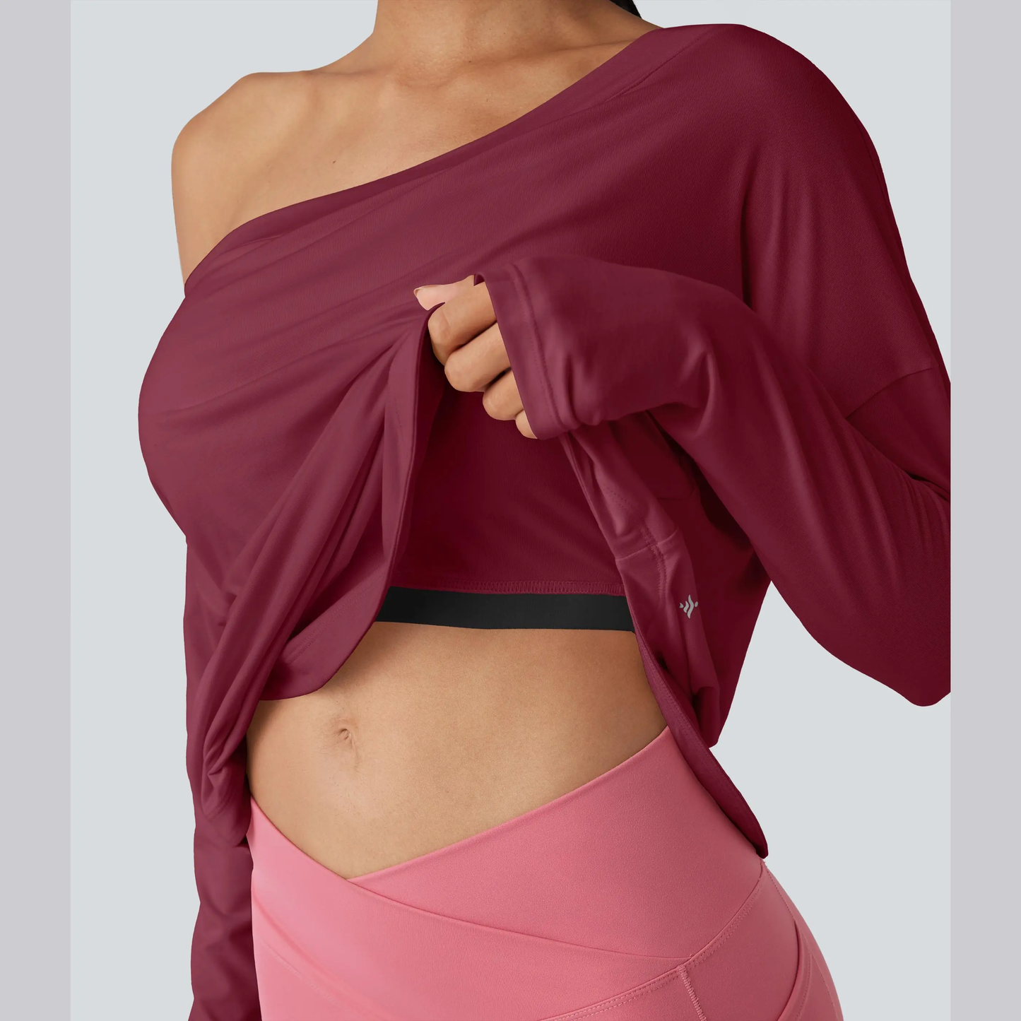 One Shoulder Long Sleeve Thumb Hole Quick Dry Yoga Top with Built-In Bra