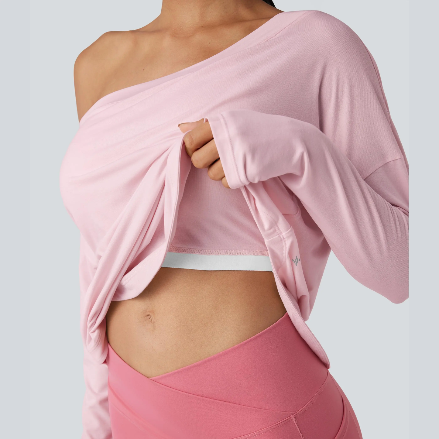 One Shoulder Long Sleeve Thumb Hole Quick Dry Yoga Top with Built-In Bra