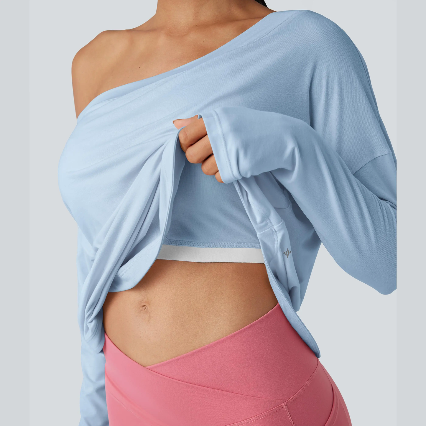 One Shoulder Long Sleeve Thumb Hole Quick Dry Yoga Top with Built-In Bra