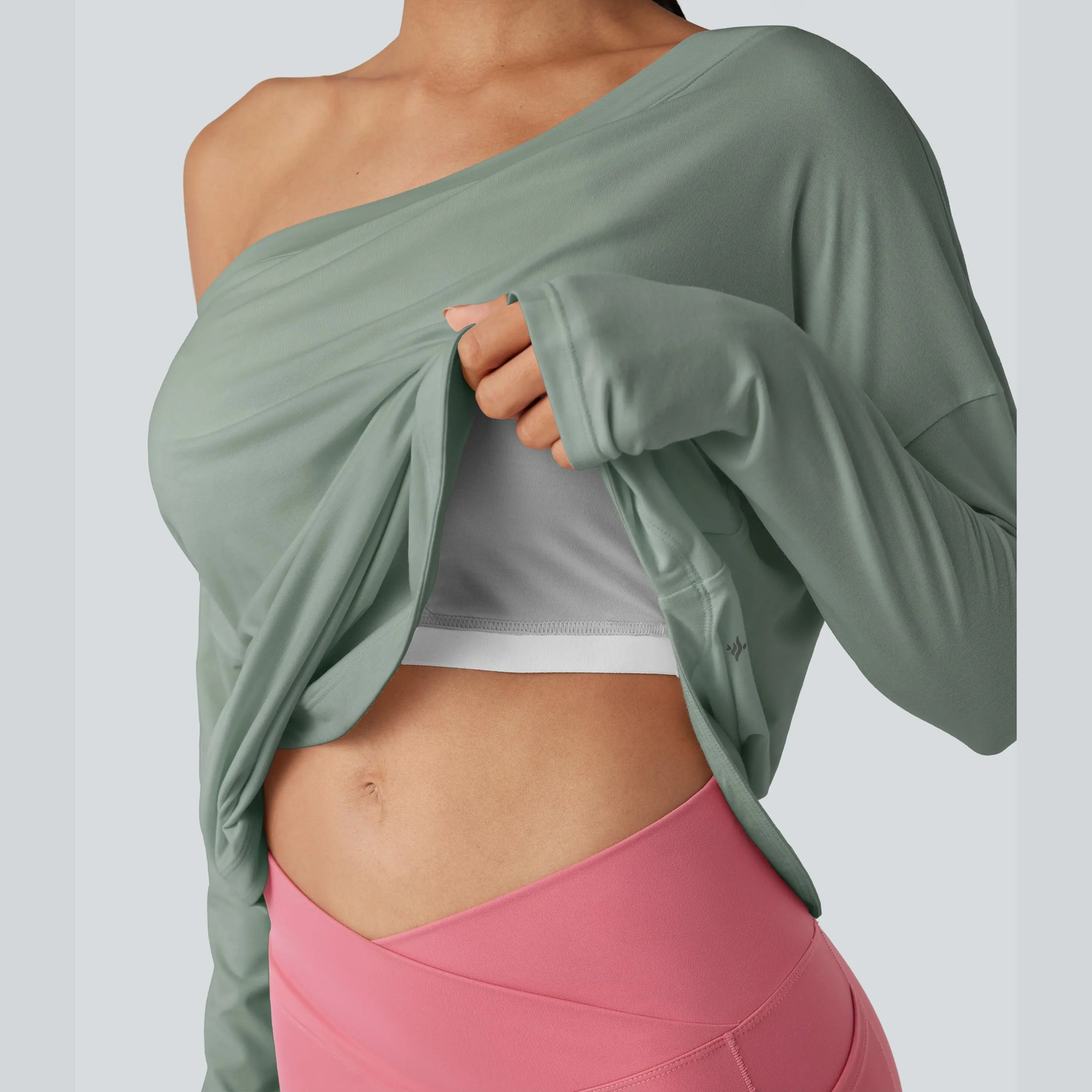 One Shoulder Long Sleeve Thumb Hole Quick Dry Yoga Top with Built-In Bra