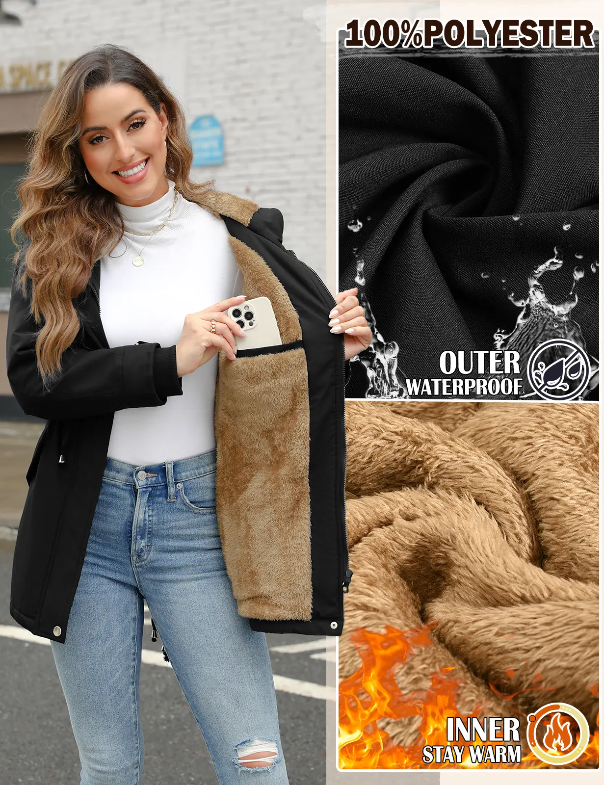 Women’s Fleece Waterproof Hooded Jacket with Pockets