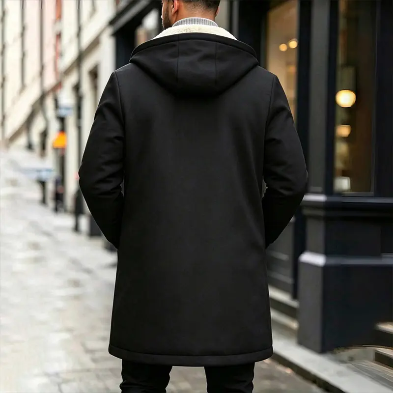 Men’s long hooded coat with faux shearling lining