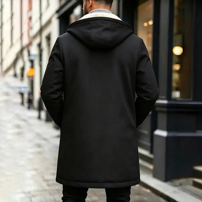 Men’s long hooded coat with faux shearling lining