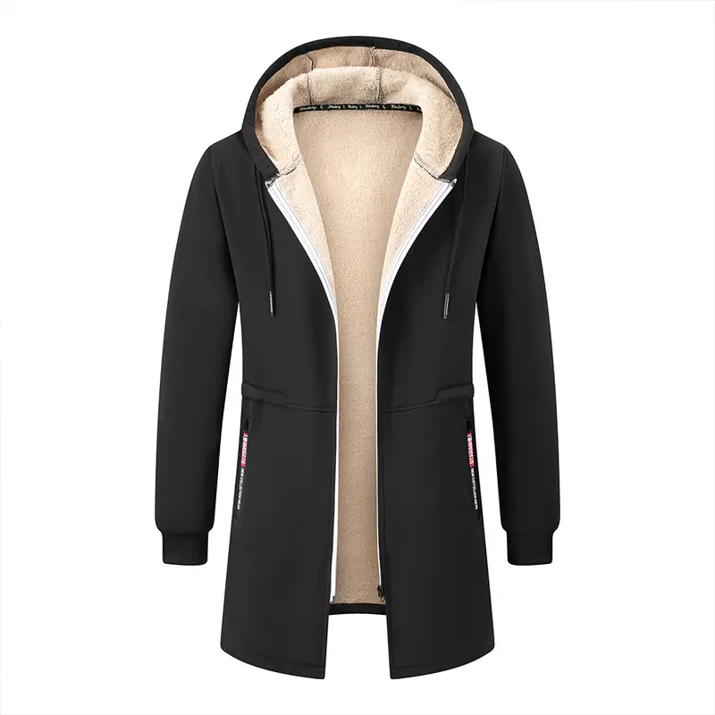 Men’s long hooded coat with faux shearling lining