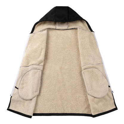 Men’s long hooded coat with faux shearling lining
