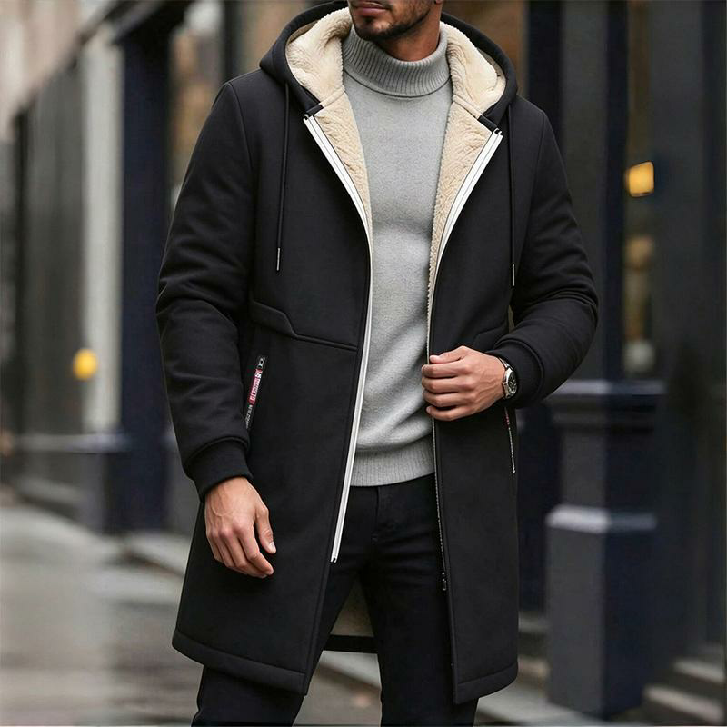 Men’s long hooded coat with faux shearling lining