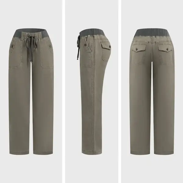 Solid Seam Detail Drawstring Mid Rise Straight Leg Pants High Stretch