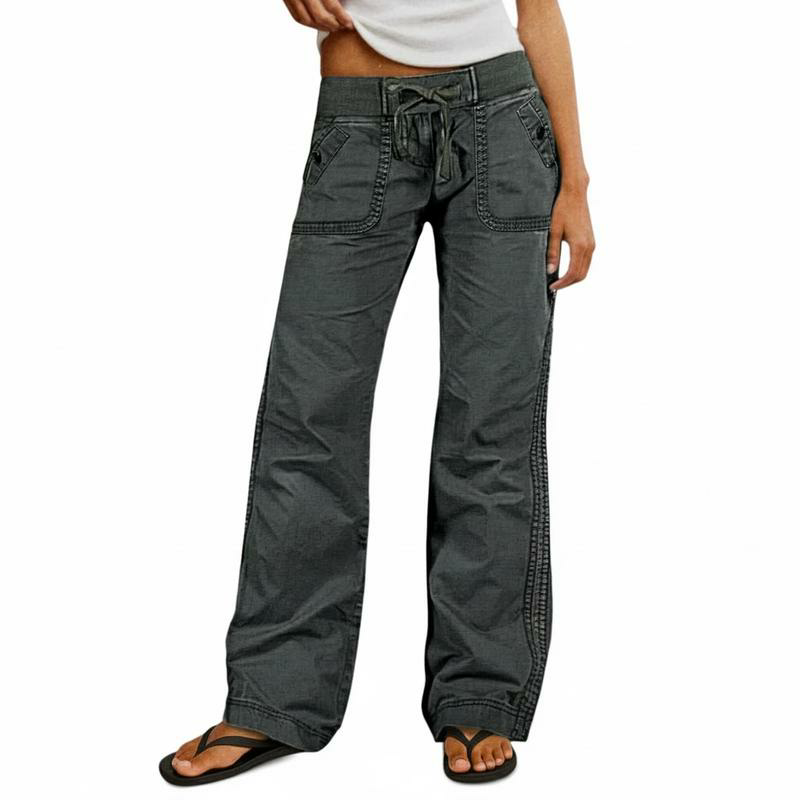 Solid Seam Detail Drawstring Mid Rise Straight Leg Pants High Stretch