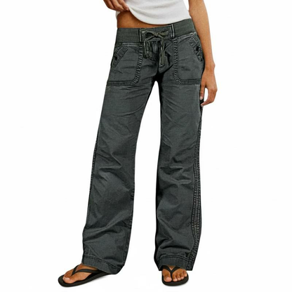 Solid Seam Detail Drawstring Mid Rise Straight Leg Pants High Stretch