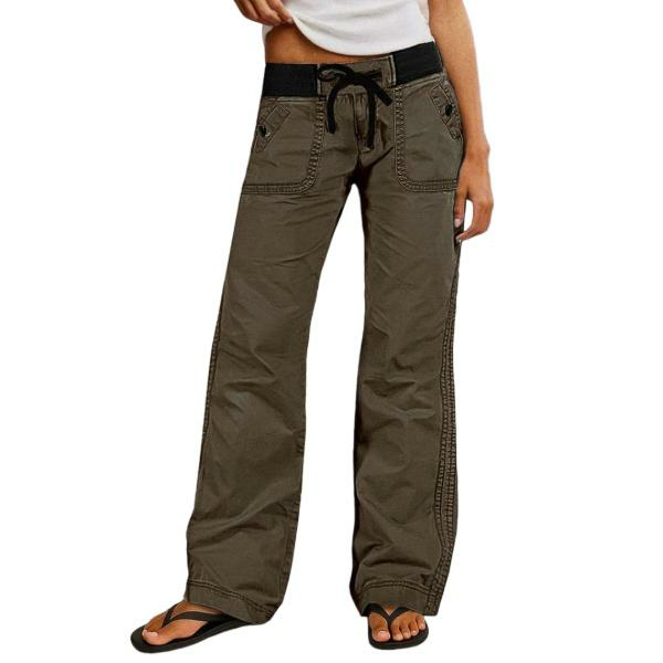 Solid Seam Detail Drawstring Mid Rise Straight Leg Pants High Stretch