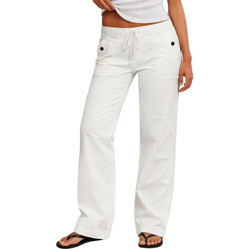 Solid Seam Detail Drawstring Mid Rise Straight Leg Pants High Stretch
