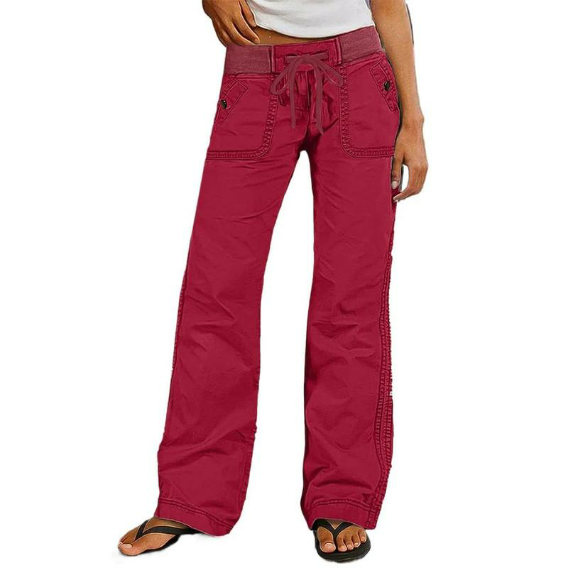 Solid Seam Detail Drawstring Mid Rise Straight Leg Pants High Stretch