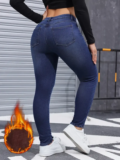 Women’s Basic Fashion Fleece-Lined Warm High-Waisted Jeans