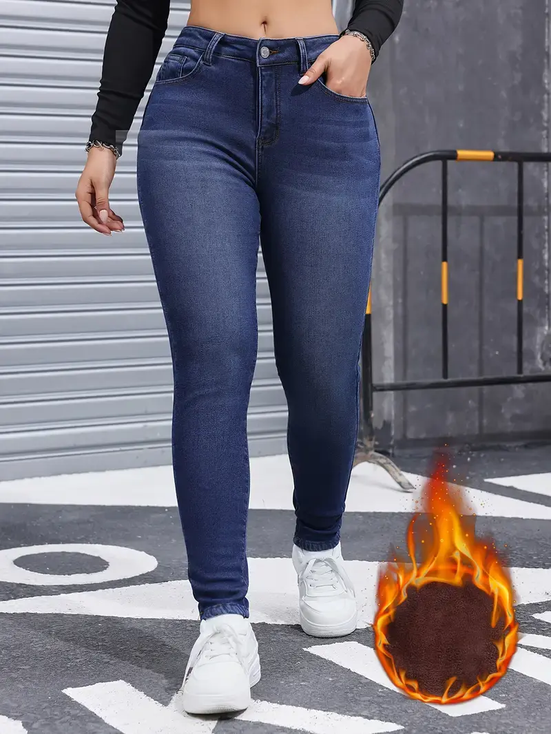 Women’s Basic Fashion Fleece-Lined Warm High-Waisted Jeans