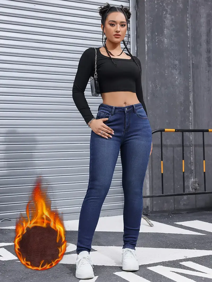 Women’s Basic Fashion Fleece-Lined Warm High-Waisted Jeans