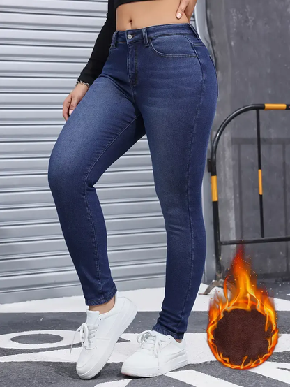 Women’s Basic Fashion Fleece-Lined Warm High-Waisted Jeans