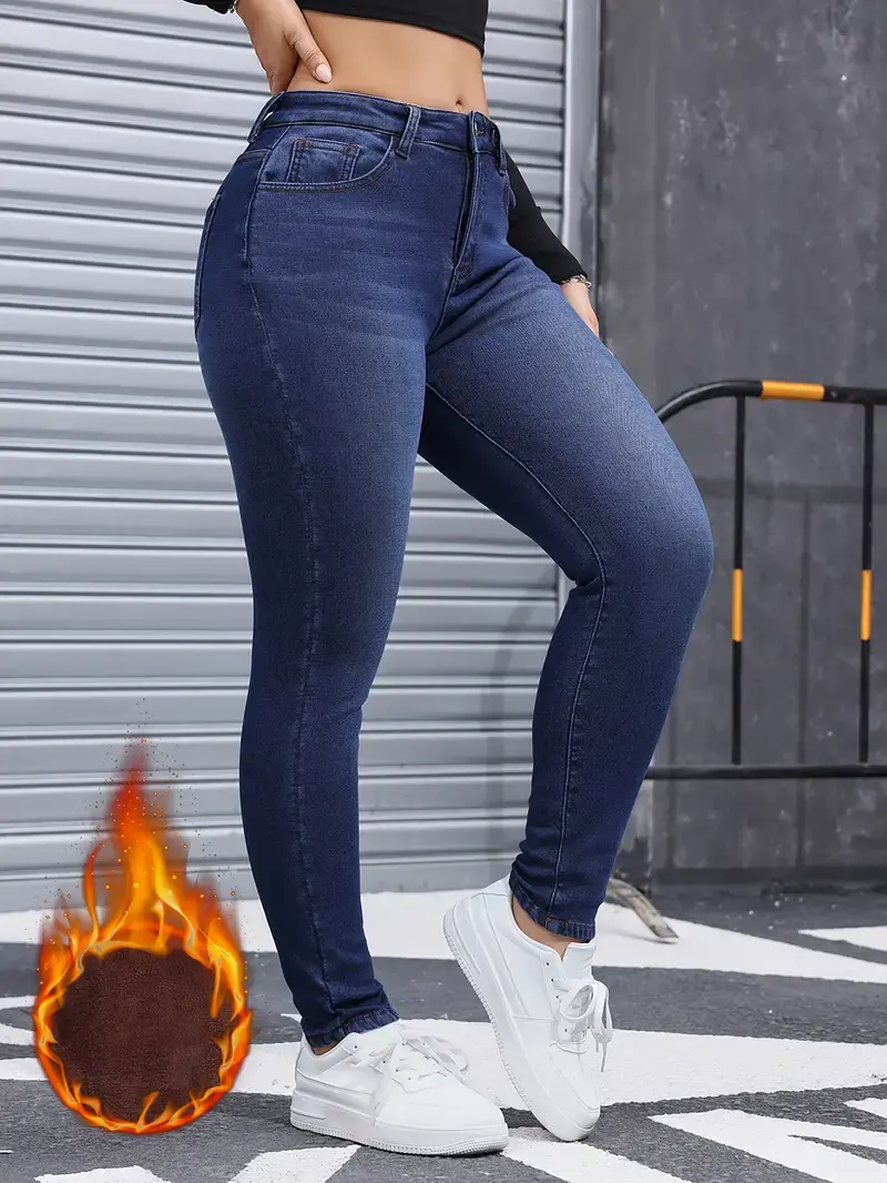 Women’s Basic Fashion Fleece-Lined Warm High-Waisted Jeans