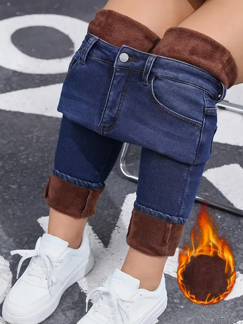 Women’s Basic Fashion Fleece-Lined Warm High-Waisted Jeans