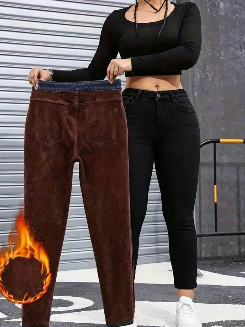Women’s Basic Fashion Fleece-Lined Warm High-Waisted Jeans