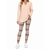 Blush Beige Top + Brown Plaid Leggings